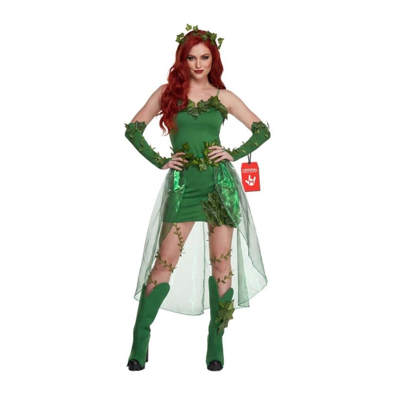 Woman modeling the MorphCostumes Deadly Ivy Costume, a green villain dress with a belt, arm warmers, boot covers, leg wraps, and a headpiece