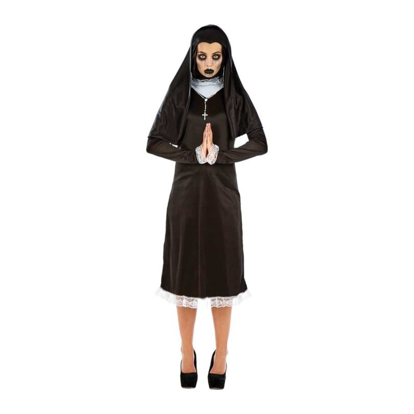 Woman modeling the MorphCostumes Gothic Nun Costume, a dress, habit and beads set