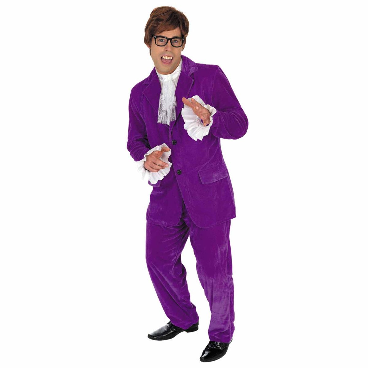 Man wearing a purple crushed velvet effect 60s suit costume with a white ruffle-necked shirt and ruffled cuffs, posing playfully