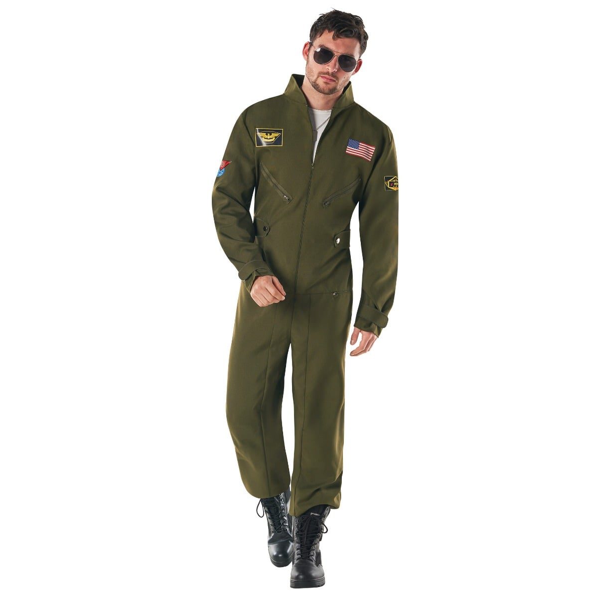Man wearing an olive green aviator flight suit costume with printed badges and zip details, dark aviator sunglasses, and black boots