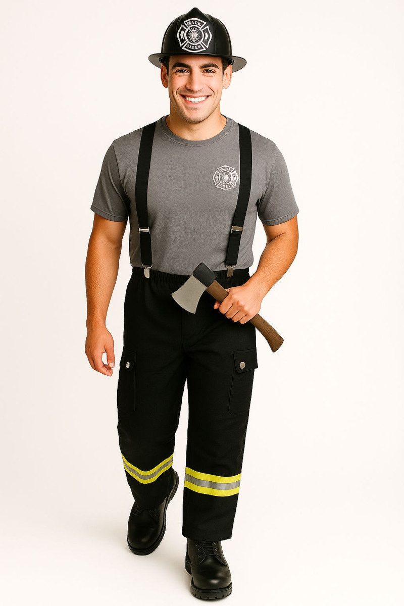 Man wearing a firefighter costume with a gray Fire Dept T-shirt, black suspenders, black pants with neon-yellow strips, and a black fireman helmet