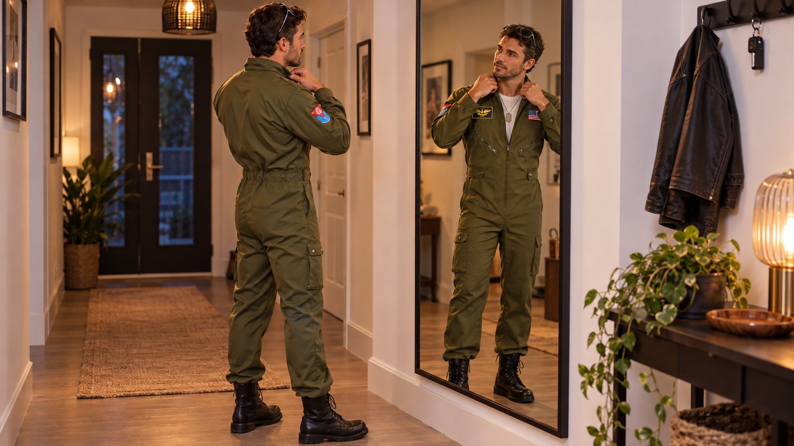 Man in an olive green aviator flight suit costume checking the fit across his shoulders in a hallway mirror before heading out