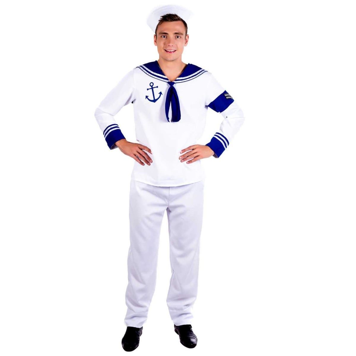 Man wearing a white sailor costume with a navy collar and neck tie, anchor chest print, navy striped cuffs, white pants, and a white sailor hat