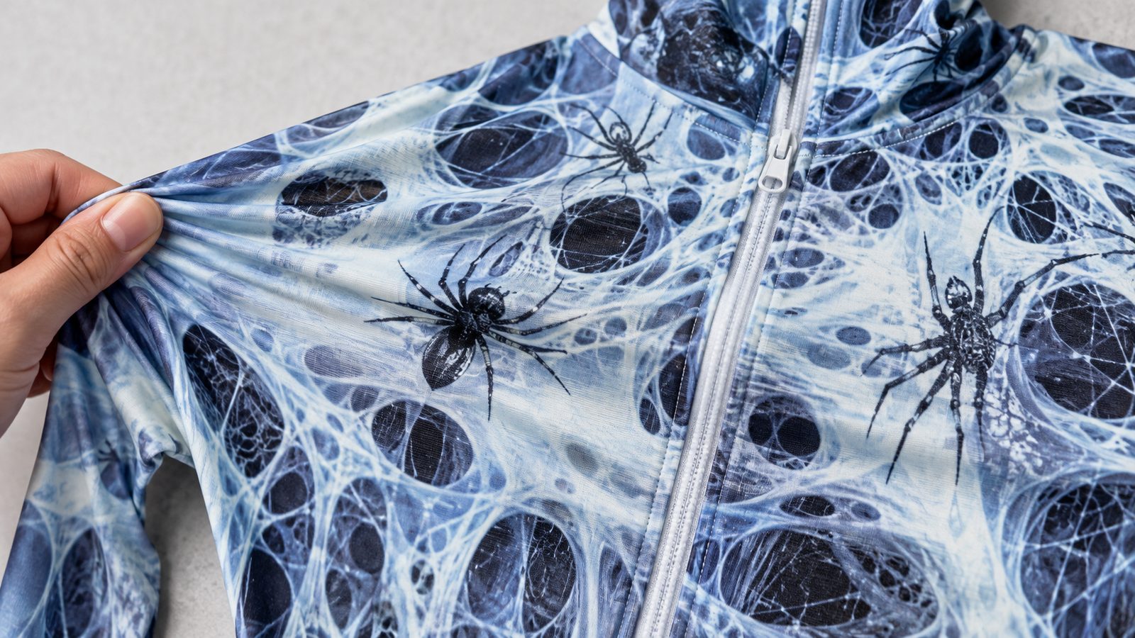 Close-up of icy blue and white web-print stretch fabric with printed black spiders and a zip running through the pattern