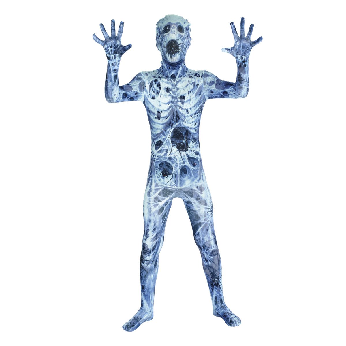 Child in a full-body icy blue and white web-print Morphsuit with black spiders, both hands raised, hood covering the face