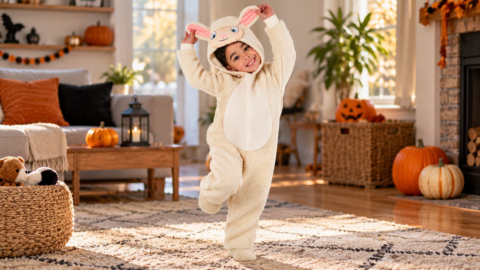 Toddler boy playing indoors in the Boys Lamb Onesie Toddler Costume, a cream plush hooded jumpsuit with a lamb face and ears on the hood