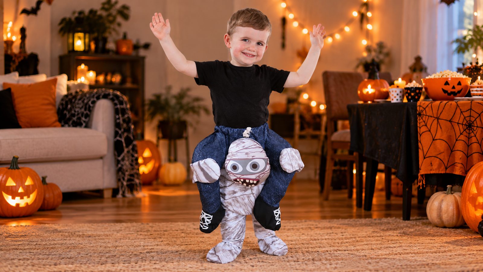 Toddler at a Halloween party wearing the Toddler Mummy Piggyback Costume, a one-size illusion costume printed to look like a small bandage-wrapped mummy carrying the child piggyback