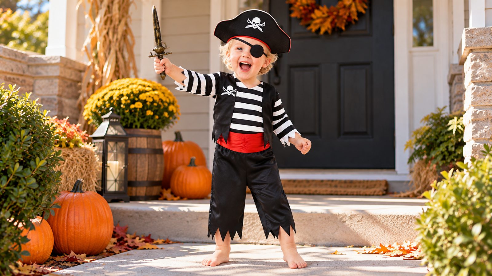 Toddler boy standing on a sunny porch step wearing the Boys Pirate Captain Toddler Costume: a black and white striped jumpsuit with an attached red-waistband vest, a skull-print pirate hat and a small toy dagger