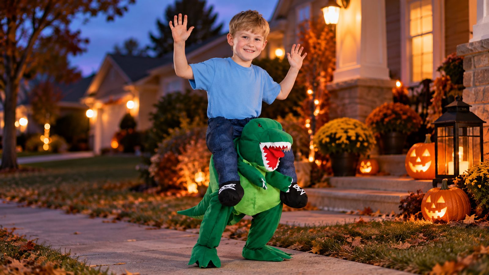Child trick-or-treating in the Kids T-Rex Piggyback Costume, a one-size illusion costume printed to look like a T-Rex carrying the wearer piggyback style