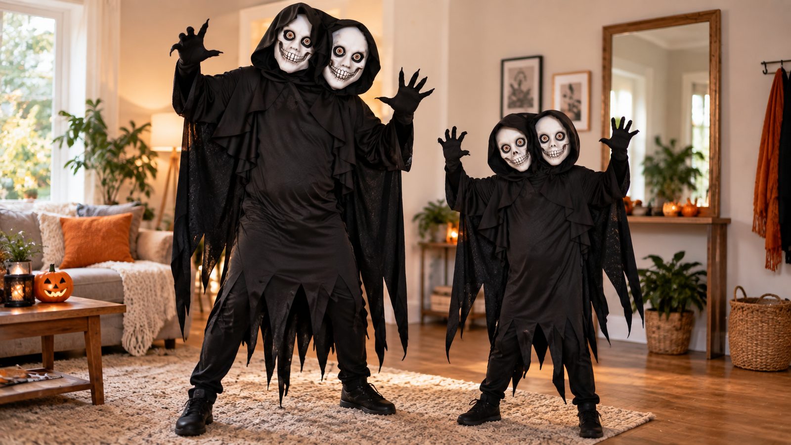 An adult and a child standing side by side in coordinating Halloween costumes, showing how sizes differ between the adult and kids versions