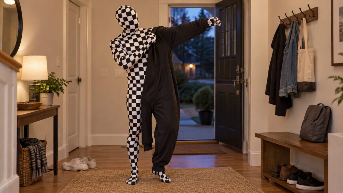 A man pulling a loose dark costume piece on over a black and white checkerboard-print base layer, visible at the wrist, in a home entryway