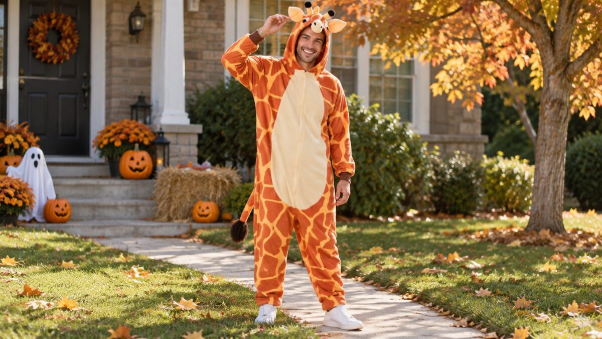 A man wearing a hooded giraffe-print fleece onesie costume with a fluffy tail and padded horns, standing in a front yard