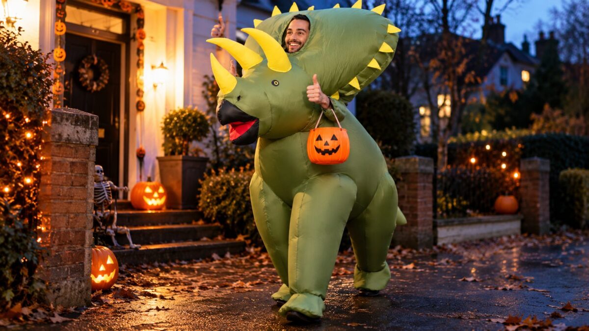 A man wearing a full-body inflatable green triceratops costume with a battery pack visible at the waist, standing in a driveway at dusk