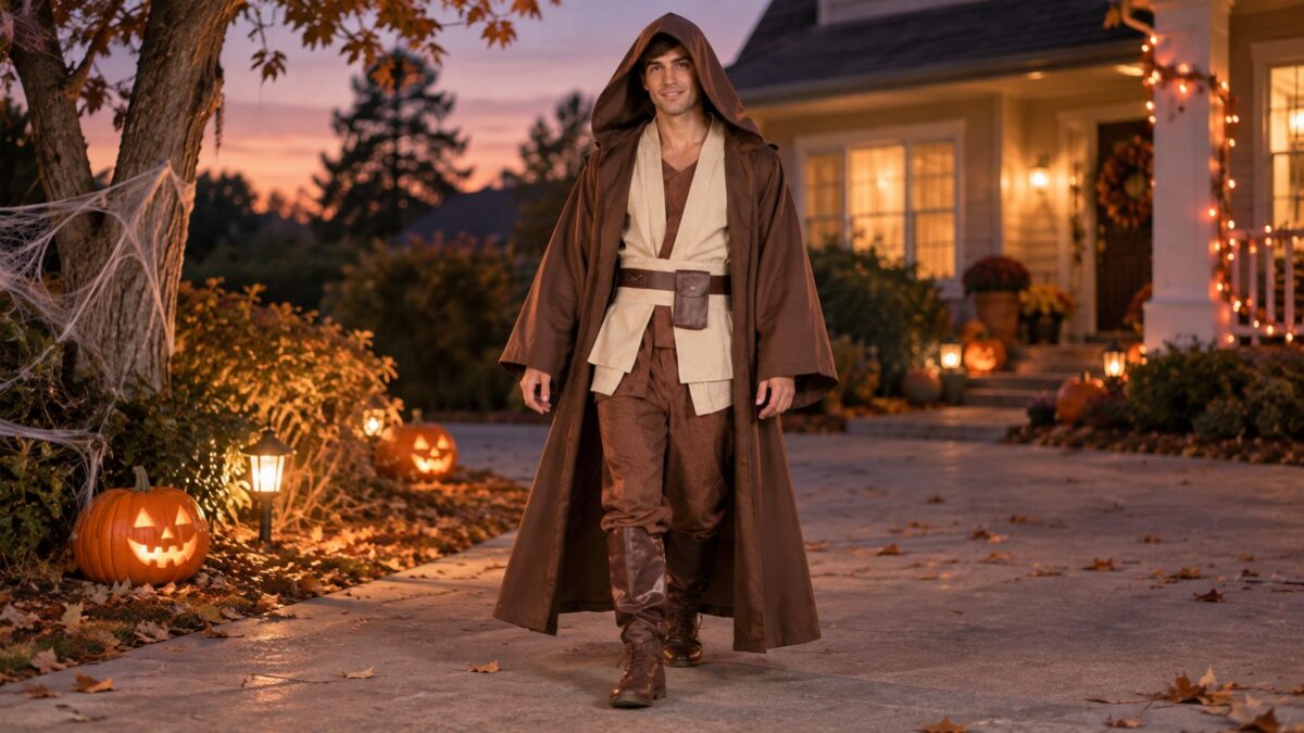 A man wearing a long dark hooded robe with flared sleeves, hood up, in a front yard at dusk