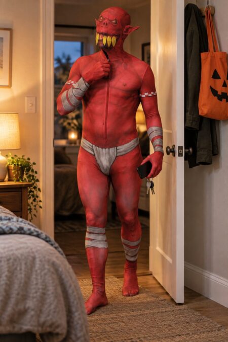 Person zipping into a full-body red monster-print Morphsuit in a bedroom doorway, ready to leave for the night