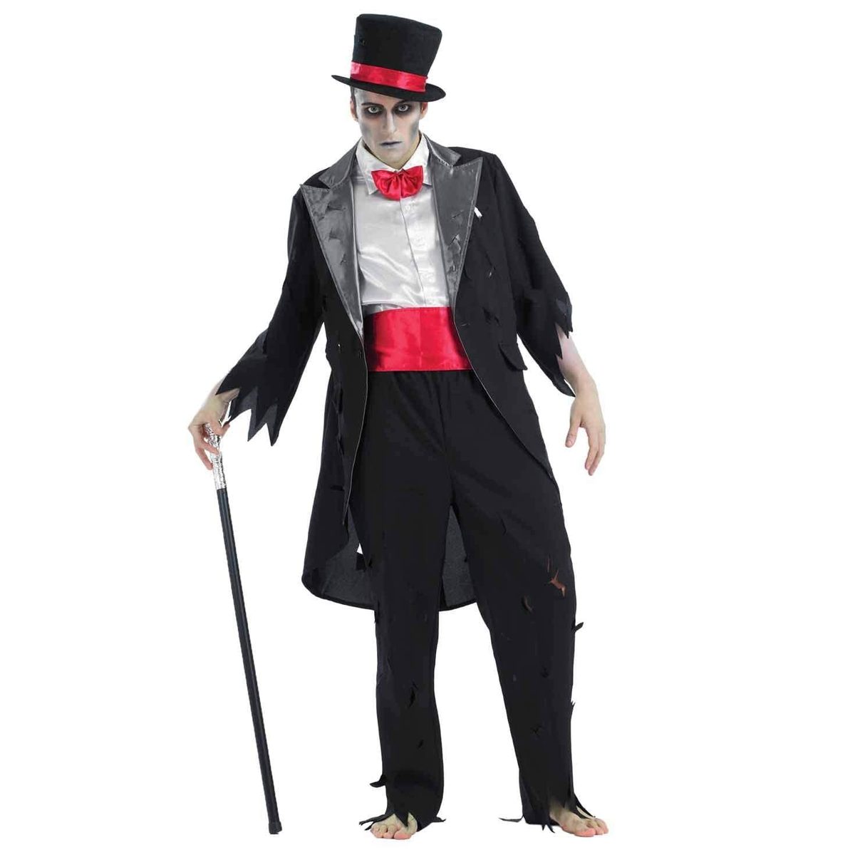 Man wearing a corpse groom Halloween costume with black suit jacket, red bow tie, red cummerbund, black pants, and matching top hat