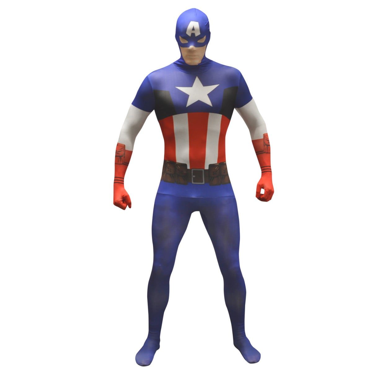 Full-body Captain America Morphsuit in red white and blue, covering the whole body including the face, on a standing figure