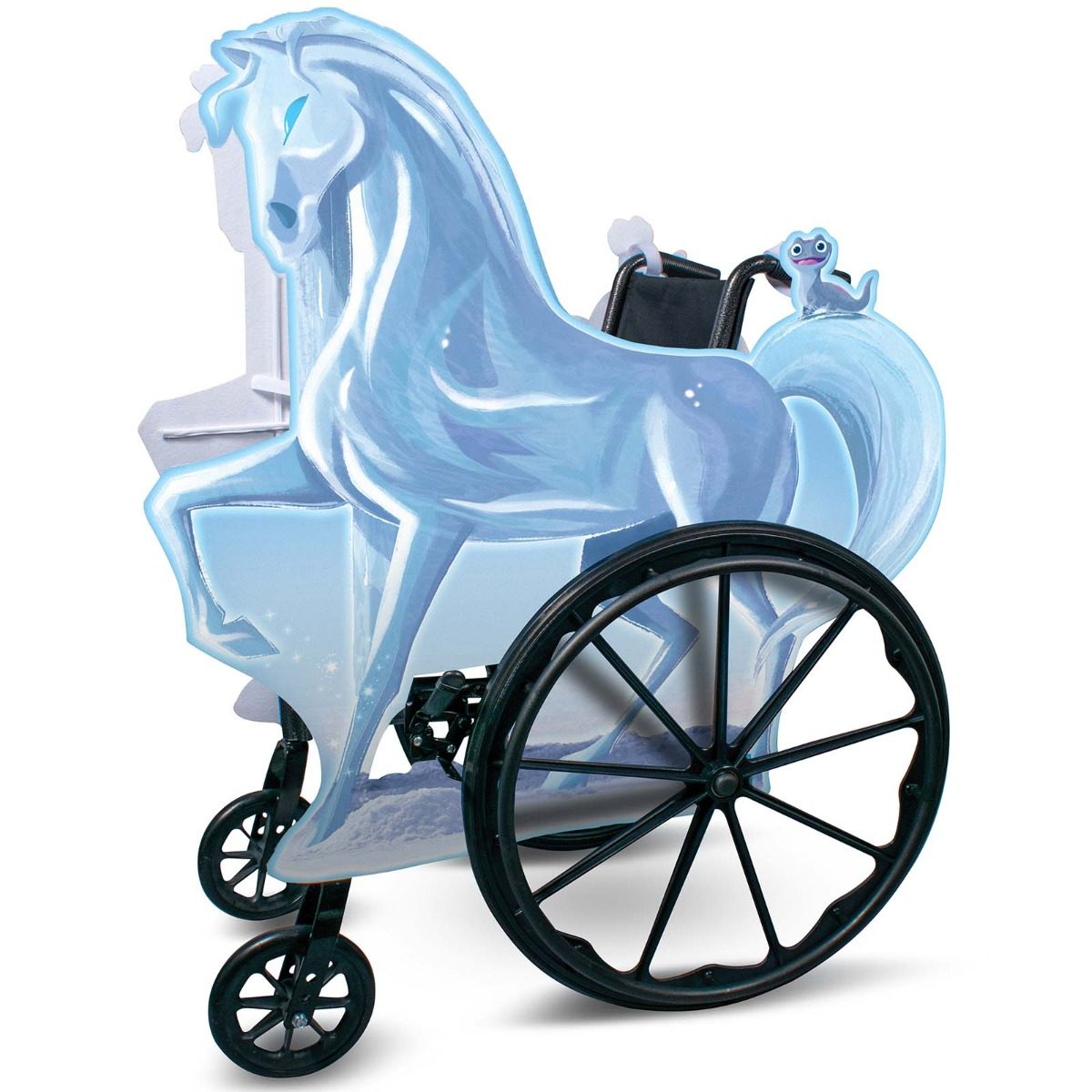Wheelchair fitted with a Disney Frozen Ice Nokk wheelchair cover, a horse-shaped panel mounted to the side of a standard wheelchair