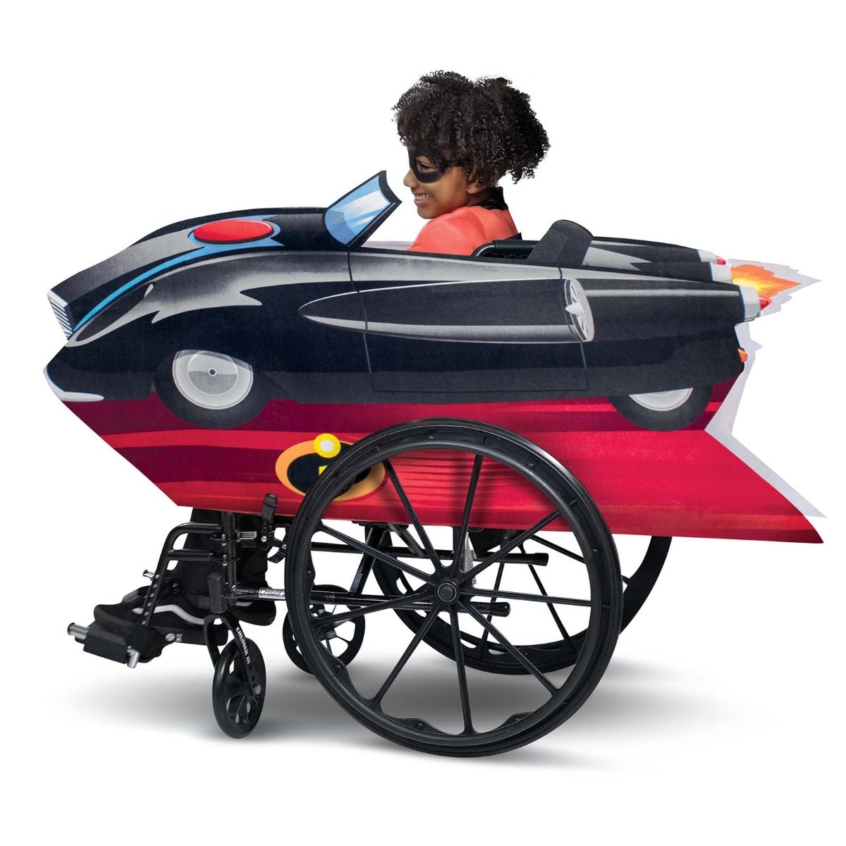 Standard wheelchair fitted with a Disney Incredibles car wheelchair cover, a car-shaped panel with a nose cone and tail fin mounted along the frame