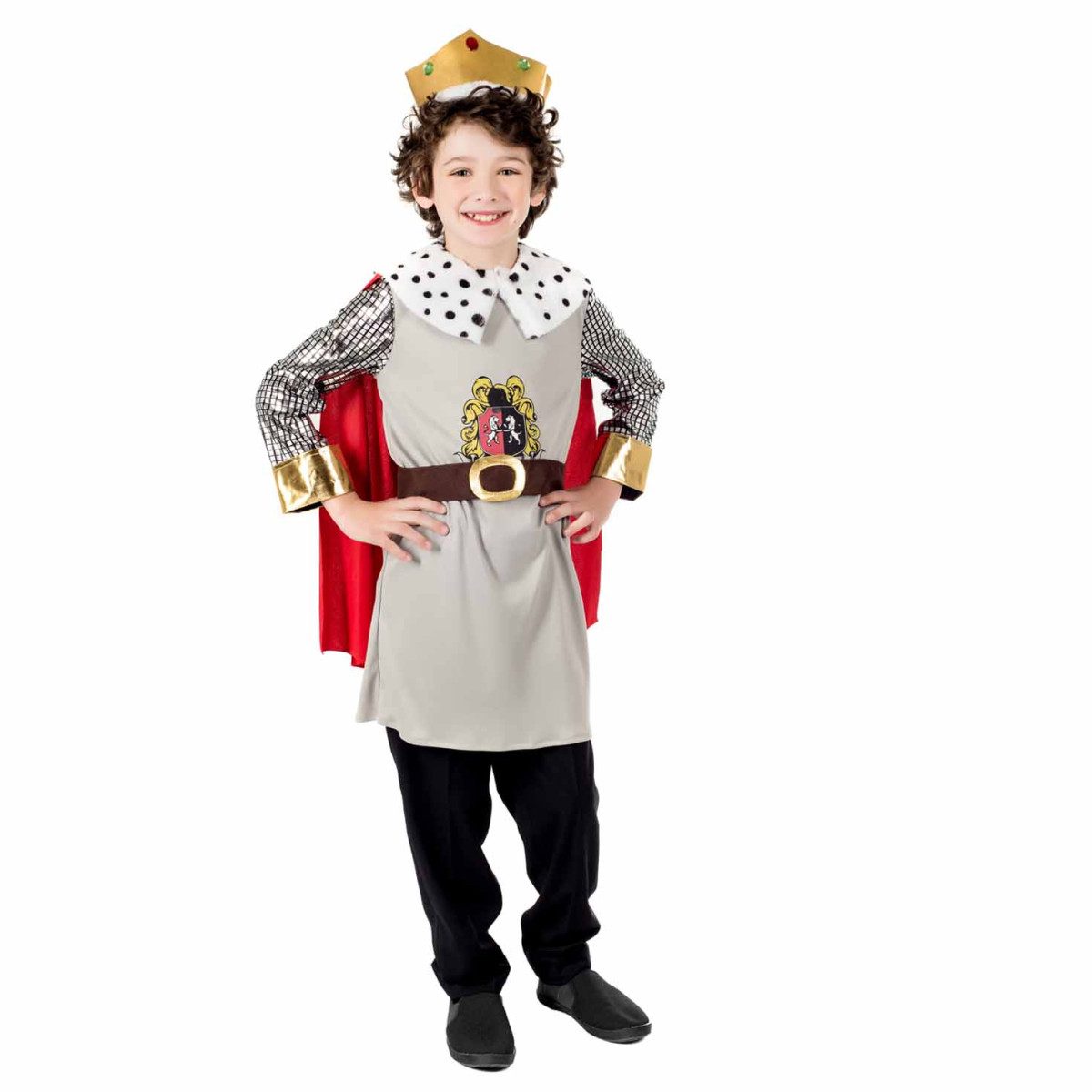 Boy wearing a medieval king costume set with a crested tunic, red cape, brown belt and gold crown, over his own clothes