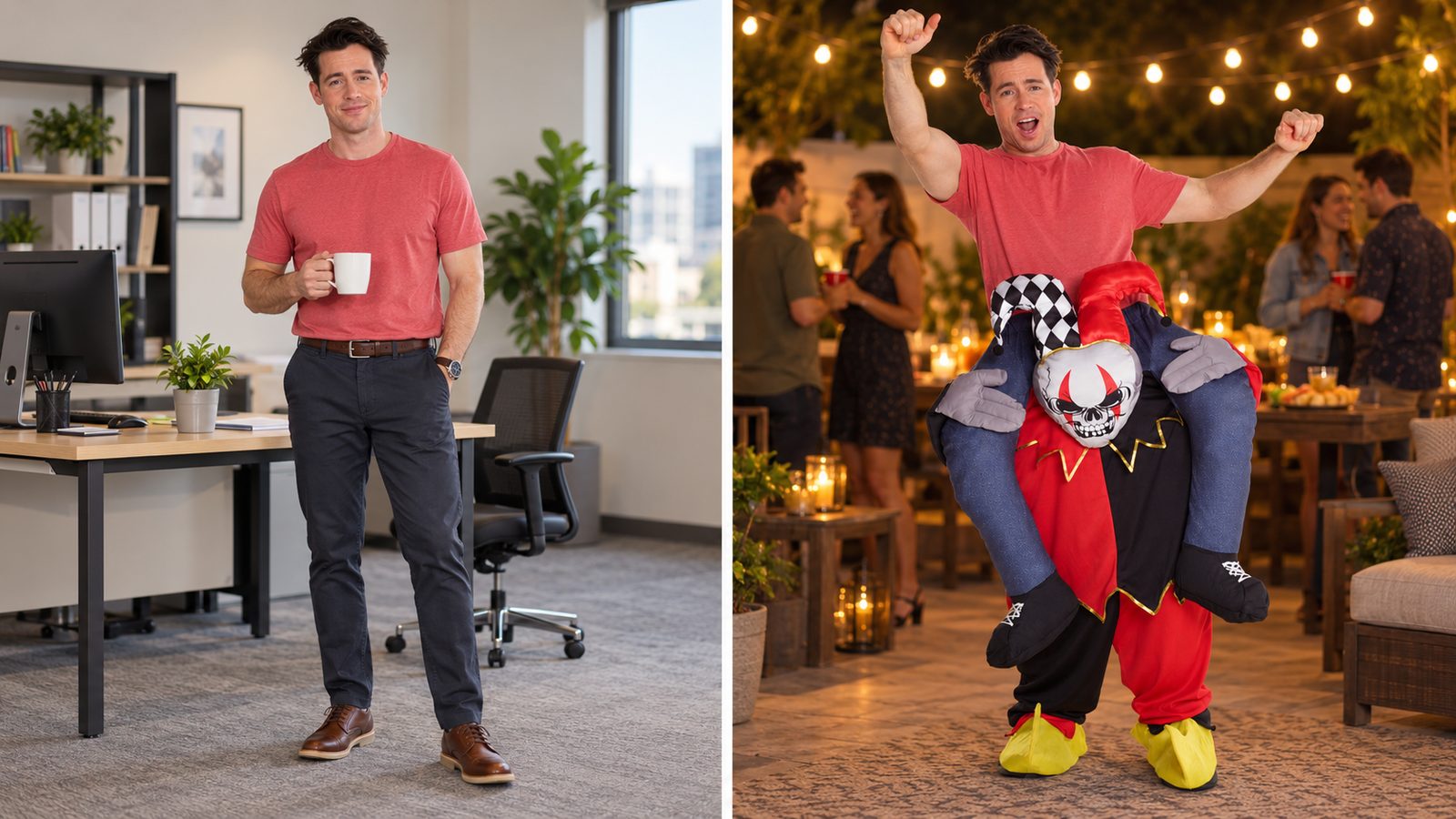 Split image of the same person in office clothes on the left and wearing a jester piggyback costume at a party on the right