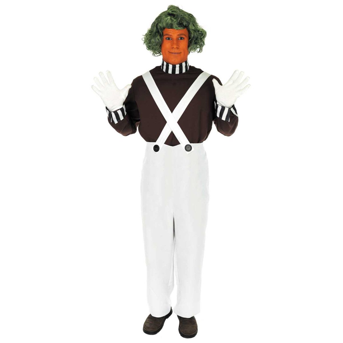 Person wearing a chocolate factory worker costume with white overalls, striped shirt and curly green wig in an office