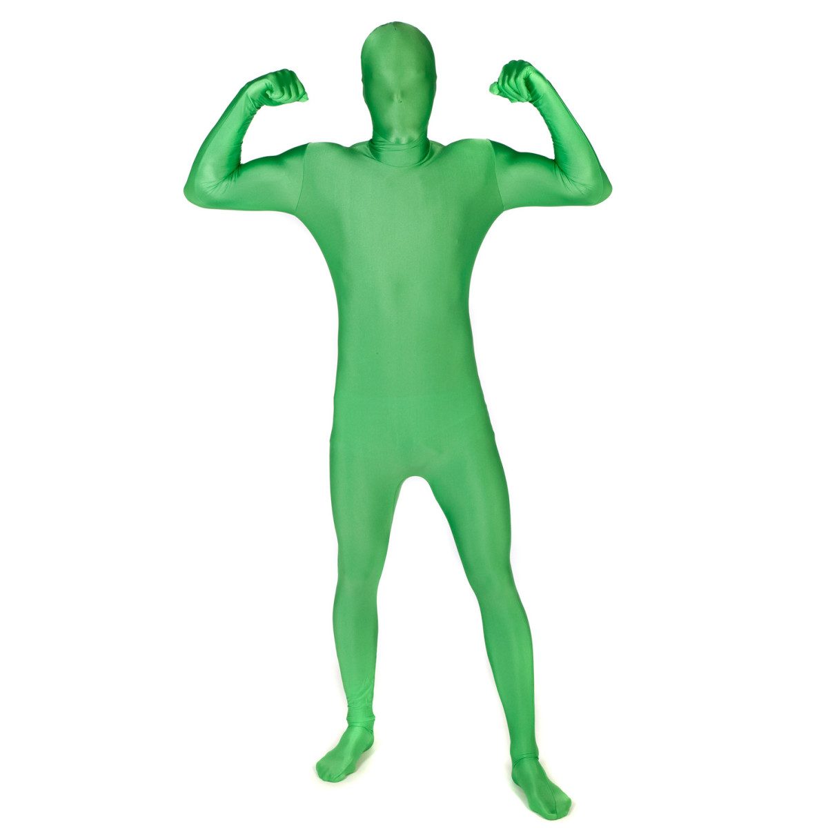Person wearing a solid green Morphsuit under an open blazer in an office setting