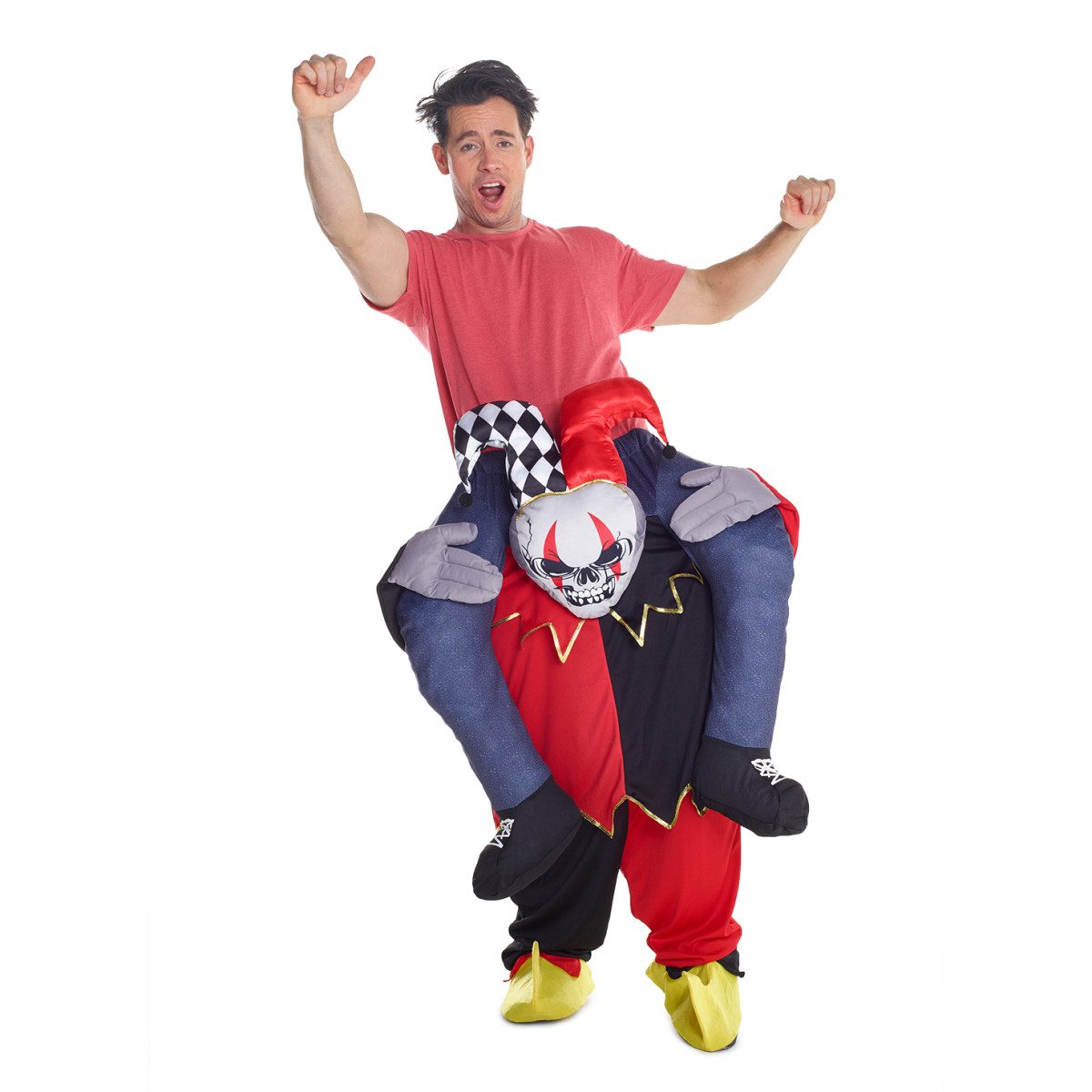 Person wearing the Jester piggyback costume, creating a ride-on illusion, at an office party
