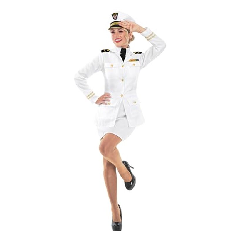 Person wearing a white navy officer costume with captain's hat at a desk