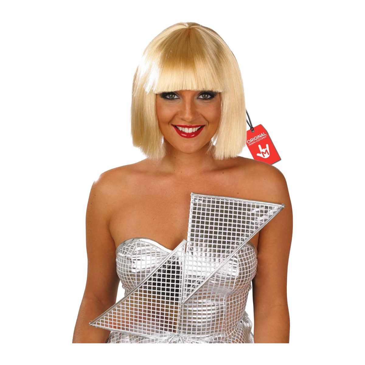 Woman wearing a short blonde bob wig with straight bangs, dark eye makeup, and red lipstick