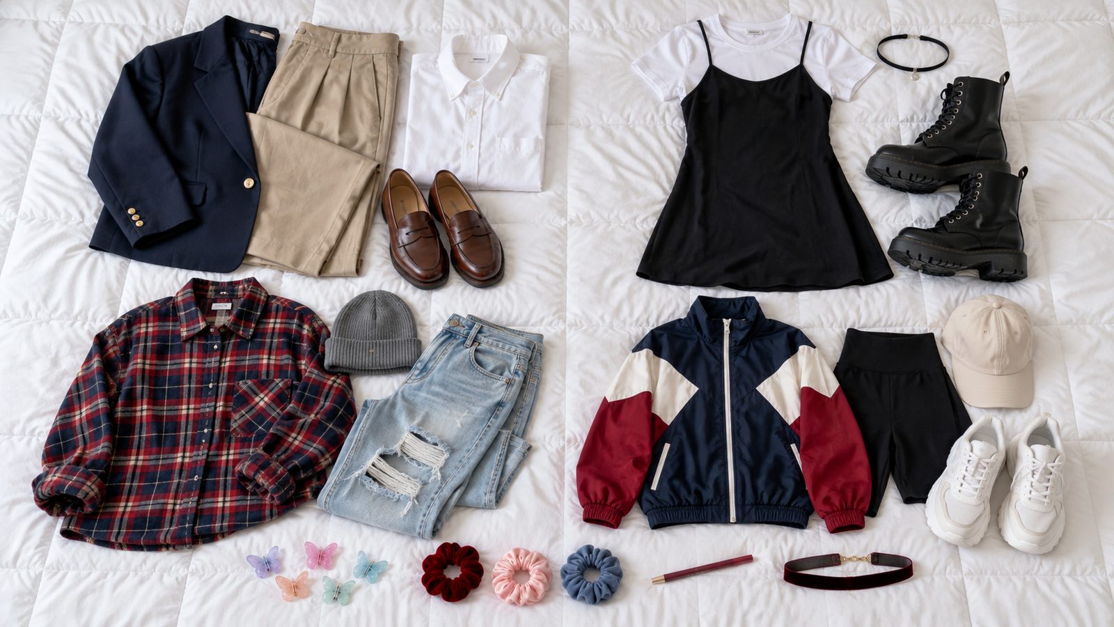 Flat lay on a bed of a navy blazer, khaki trousers, a flannel shirt, a white t-shirt, a black slip dress, a velvet choker, butterfly clips, and scrunchies