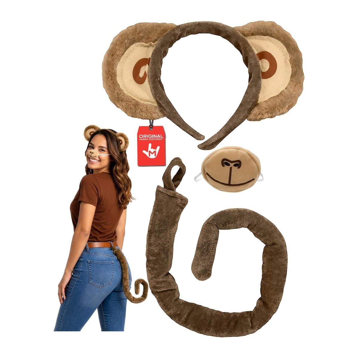 Brown monkey ears headband, a tan monkey nose and a long brown curling tail laid out beside a woman in a brown top and jeans wearing the ears, nose and tail