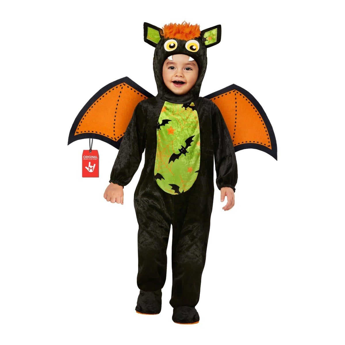 Toddler in a plush black bat onesie with a green belly printed with bats, orange wings with black trim, and a hood with green-lined ears and an orange tuft
