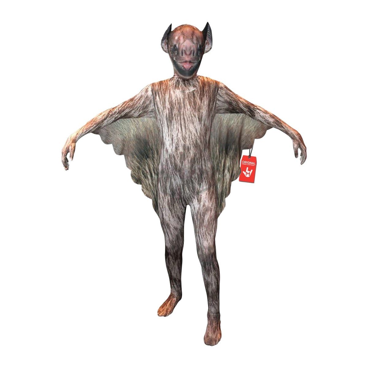 Child in a full-body brown and gray fur-print bat suit with a printed bat face, pointed ears and wing panels between the arms and body