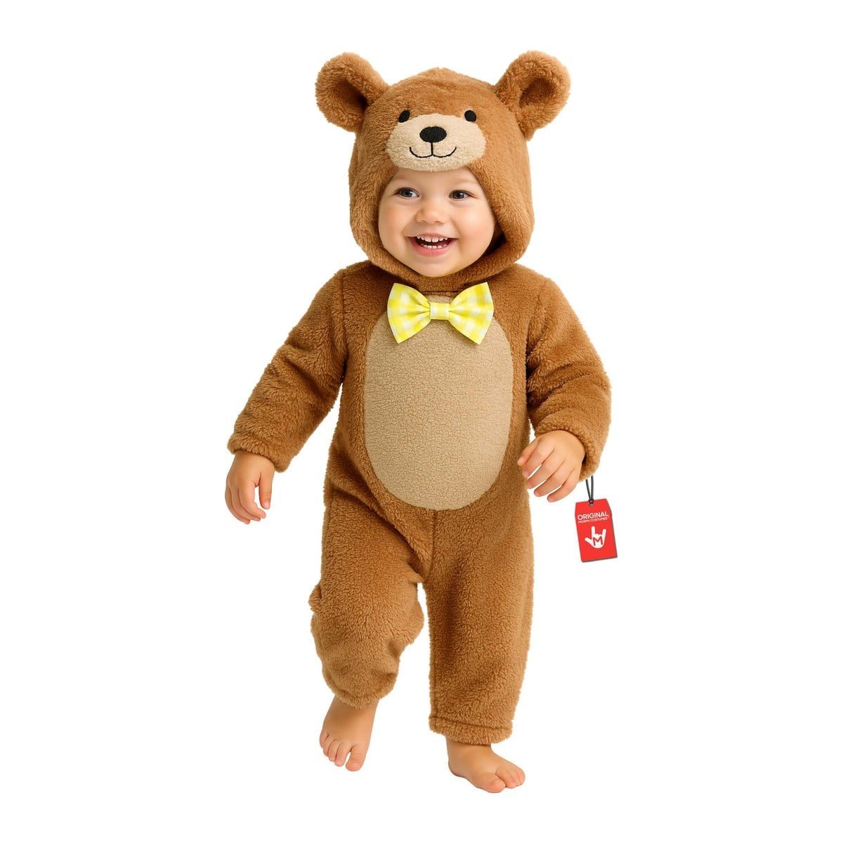 Smiling toddler in a brown plush hooded bear jumpsuit with round ears and a stitched bear face on the hood, a tan belly panel, and a yellow gingham bowtie at the neck