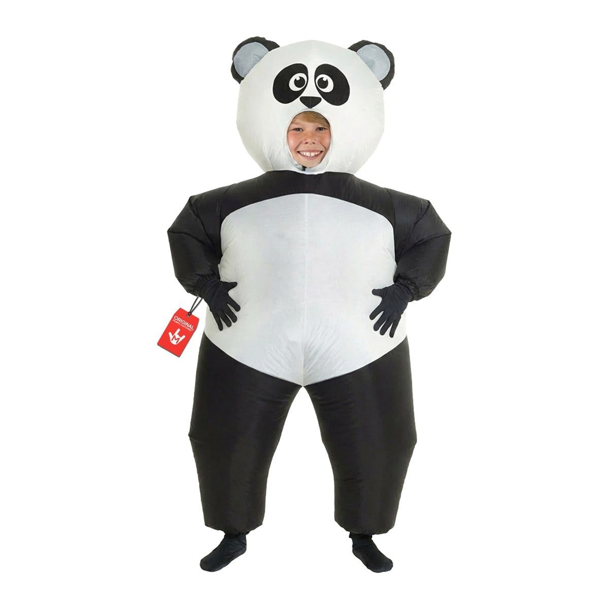 Child in a black-and-white inflatable giant panda costume, face showing through a round opening in the big panda head, wearing black gloves, hands on hips