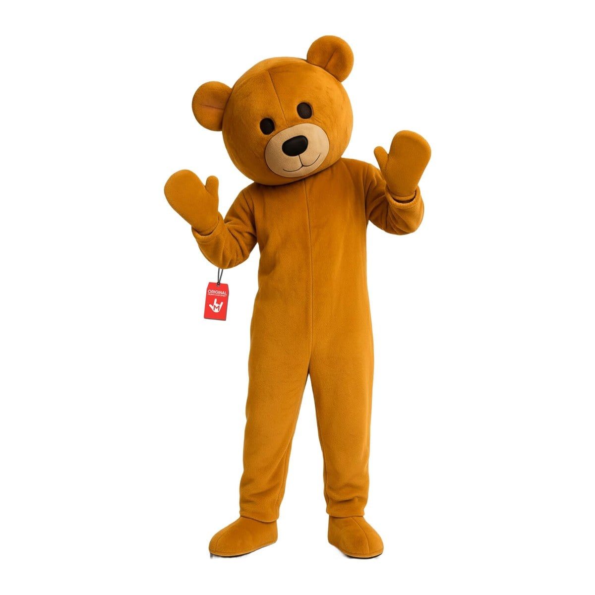 Adult in a golden-brown fleece teddy bear mascot costume with a large padded bear head, round ears, attached mittens, and shoe covers, both hands raised