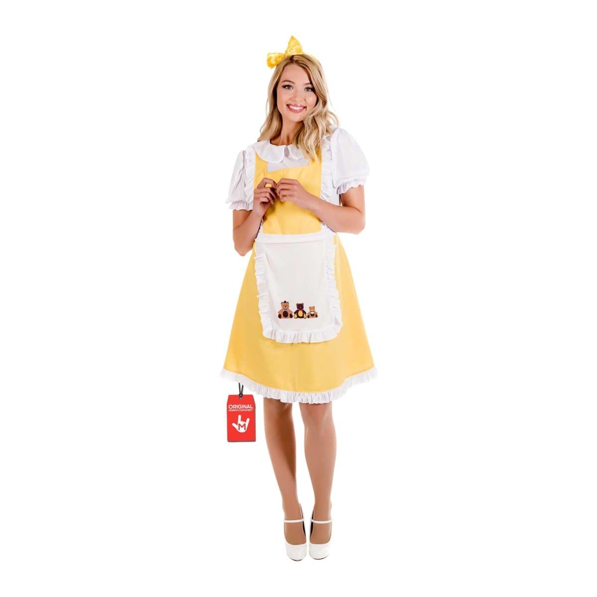 Woman in a yellow Goldilocks dress with a white frilled pinafore printed with three small bears, white puffed sleeves, and a yellow bow headband