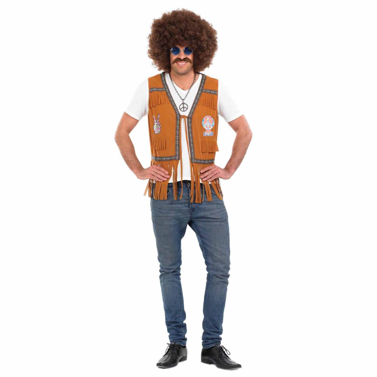 Brown fringed hippie vest with peace-sign patches, worn over a white T-shirt and jeans