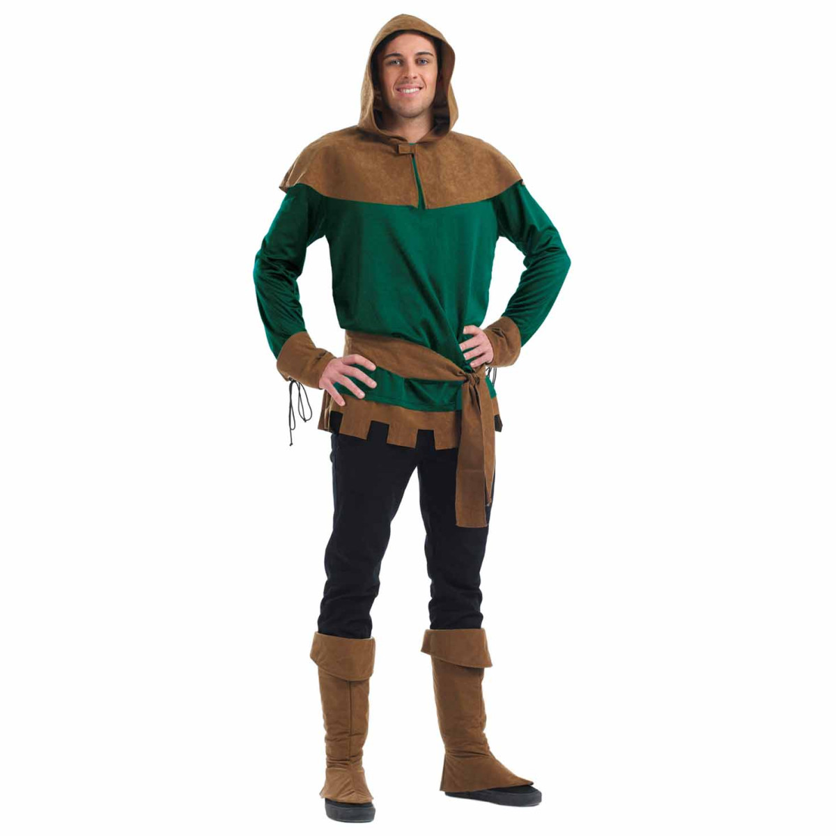 Green long-sleeve archer top with a brown hooded collar, brown belt, and brown boot covers