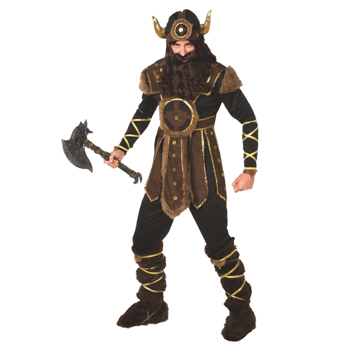 Men's viking costume: black bodysuit with fur-trimmed brown armor, gold trim, and a horned helmet