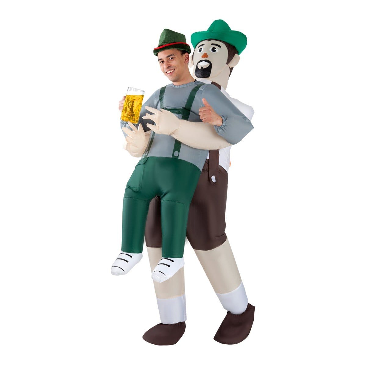 Smiling man in a green hat appearing to be carried by an inflatable bearded Bavarian in a green hat and brown lederhosen, holding a glass of beer