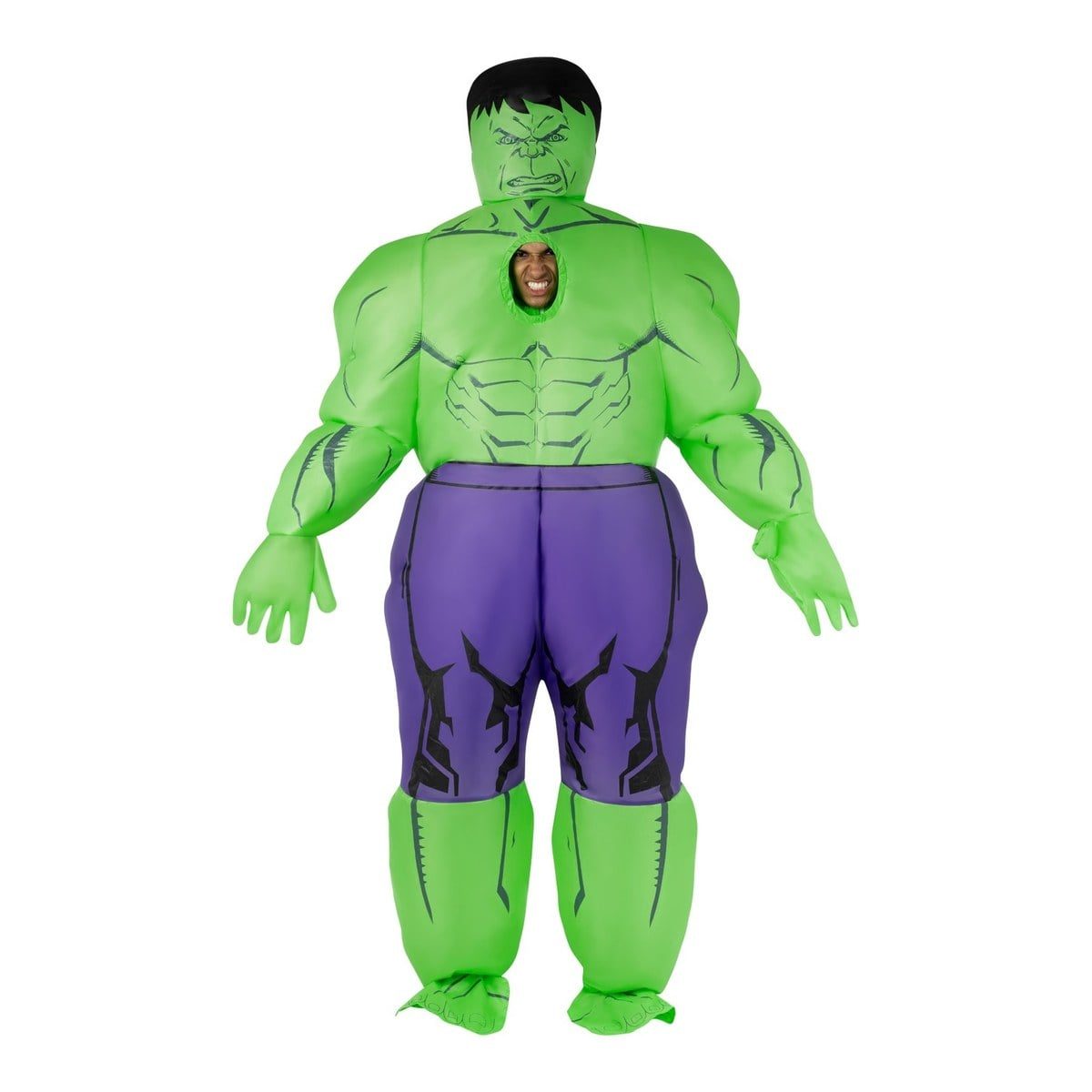 Man's face looking out of the chest of a giant inflatable green muscle suit with a Hulk face above, ripped purple pants and green feet