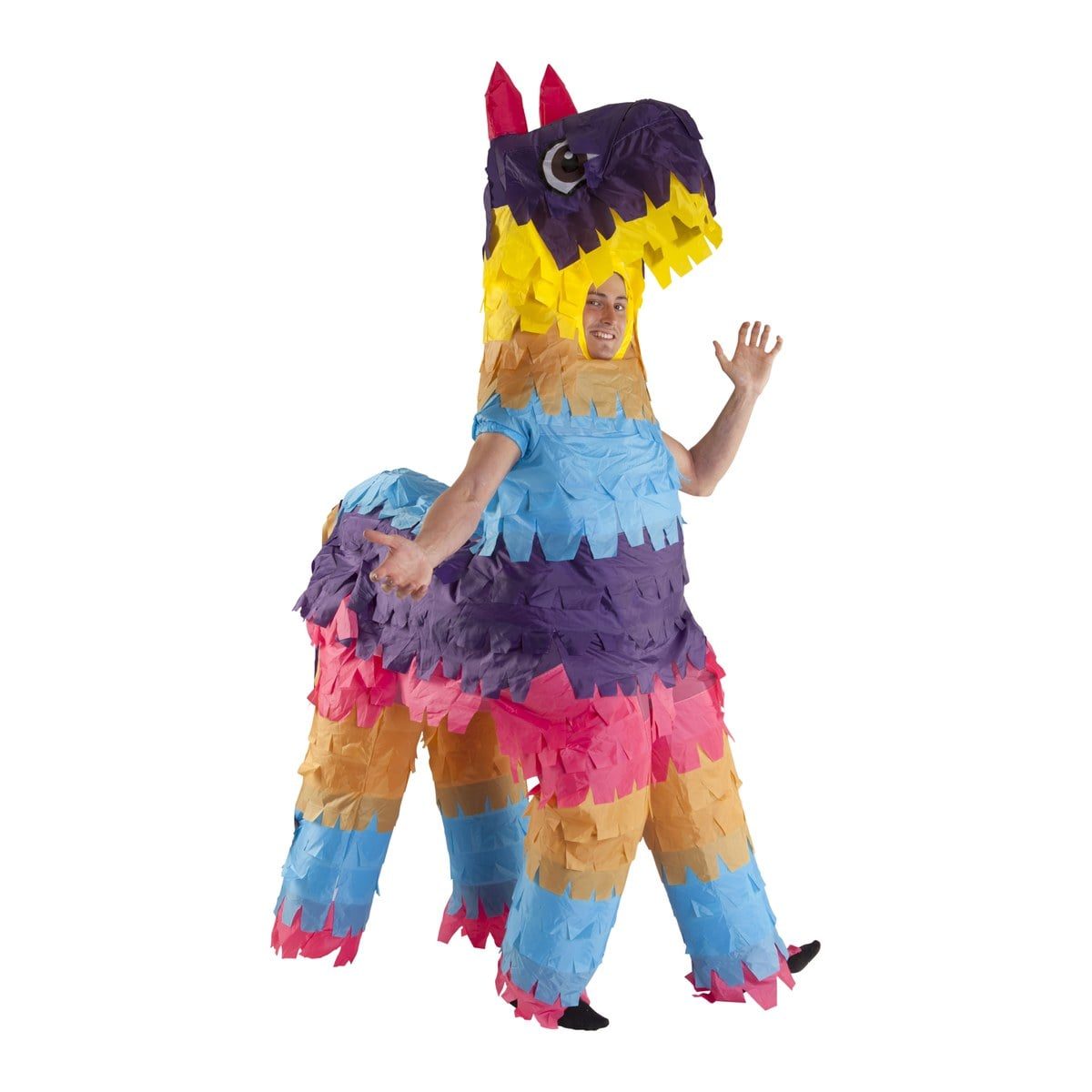 Man inside a rainbow tissue-paper-fringe inflatable pinata costume with a long neck, a purple, yellow and pink head, and four striped legs, waving with one hand