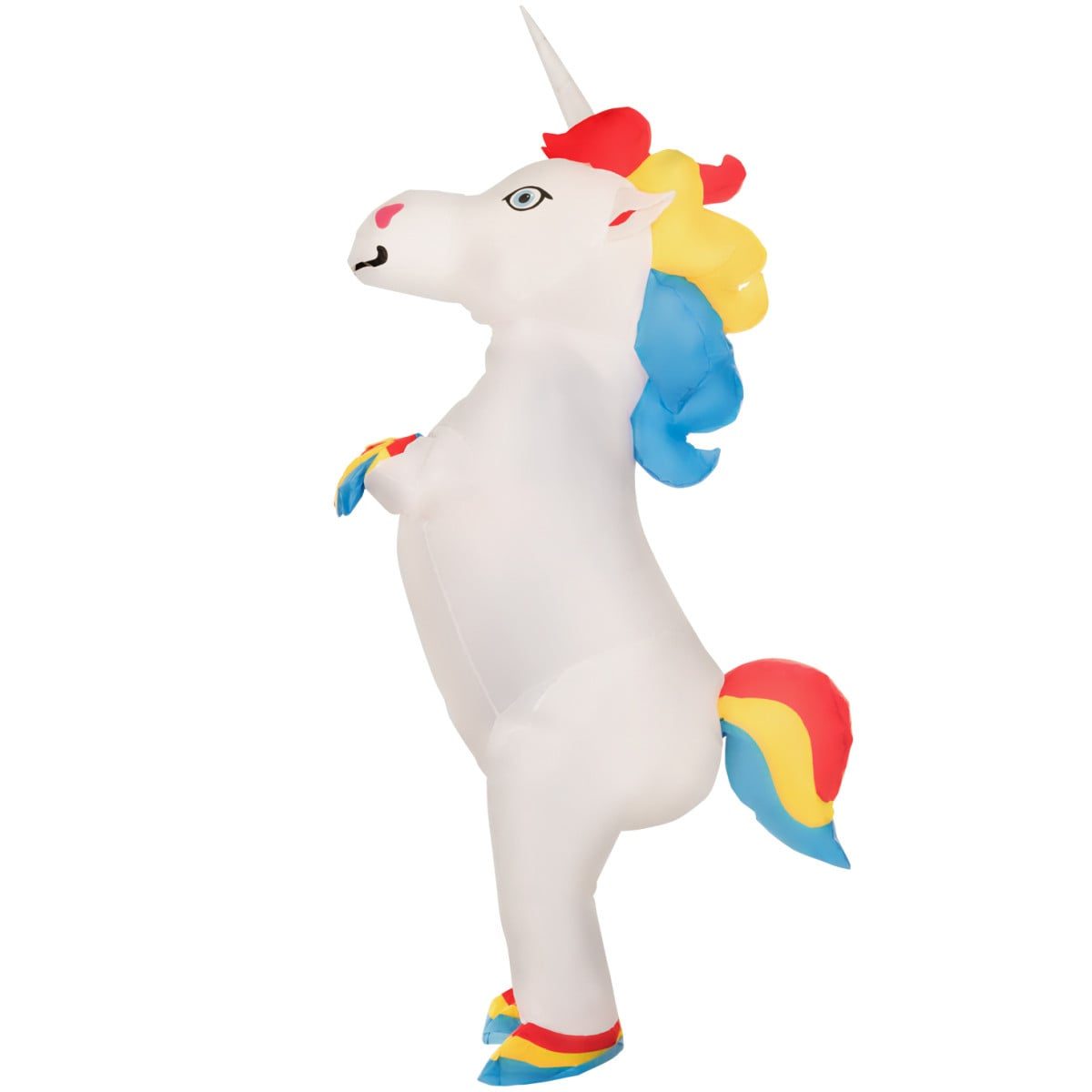 Inflatable white unicorn costume seen from the side, rearing up with a long horn, a red, yellow and blue mane and tail, and rainbow-striped hooves and gloves