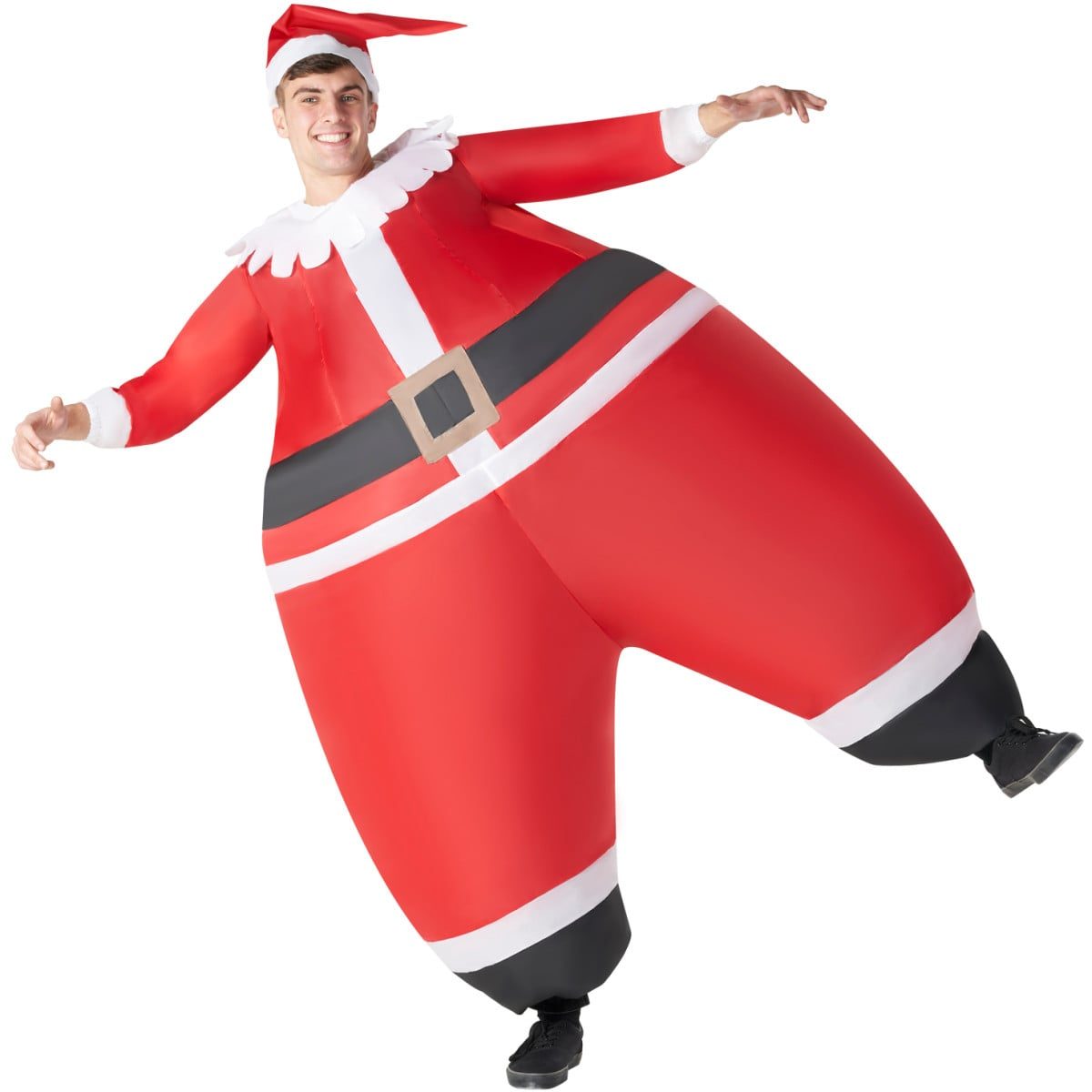 Smiling man in a Santa hat and a very wide inflatable red Santa suit with a black belt, white fur trim, a white collar and wide round legs