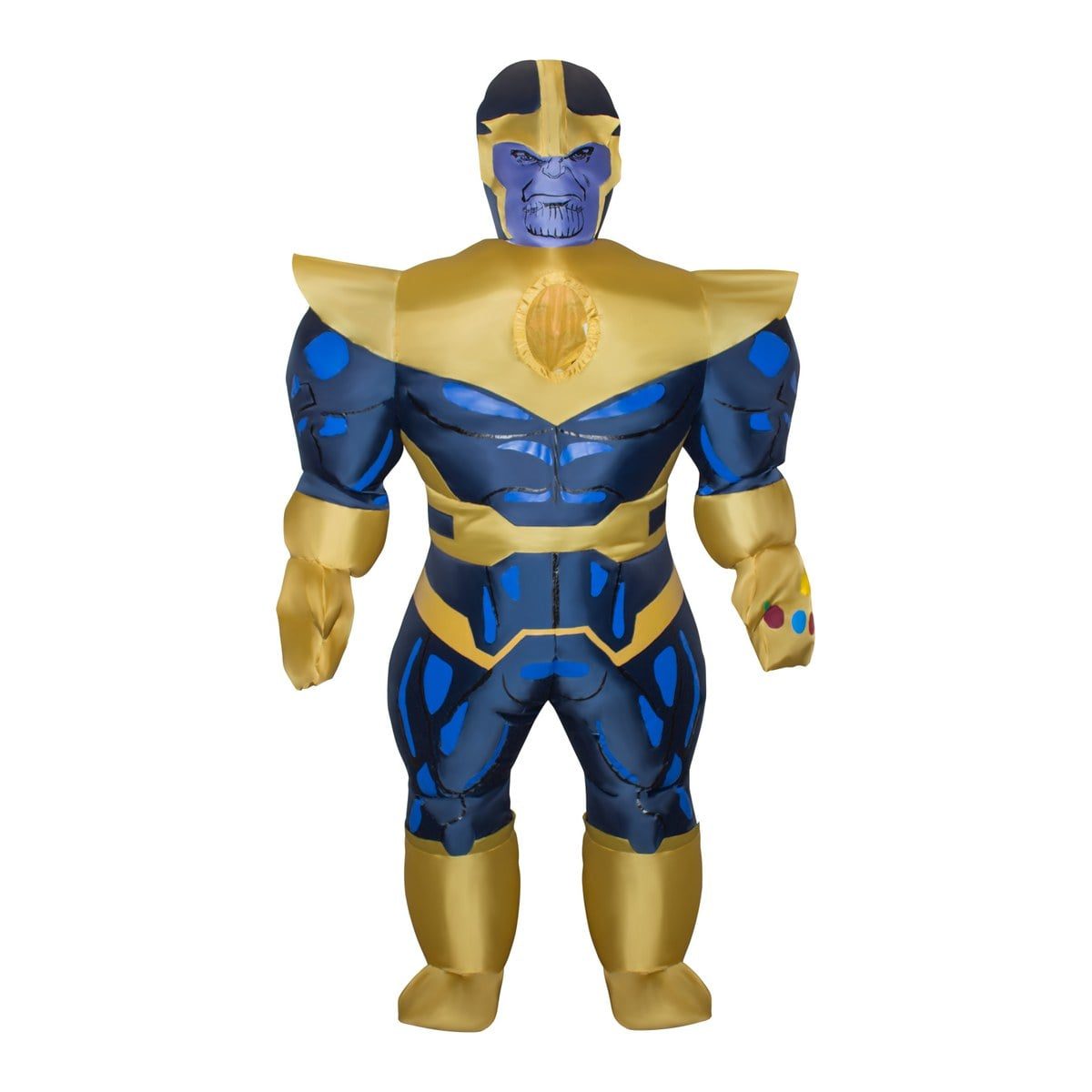 Giant inflatable Thanos costume in gold armor and a blue and navy muscle suit with a purple face and a gold gauntlet with colored stones