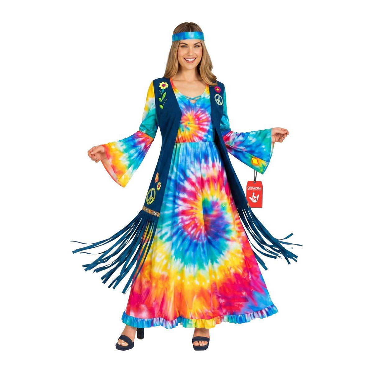 Woman in a long rainbow tie-dye dress with flared sleeves, a navy fringed vest with flower and peace patches, and a tie-dye headband