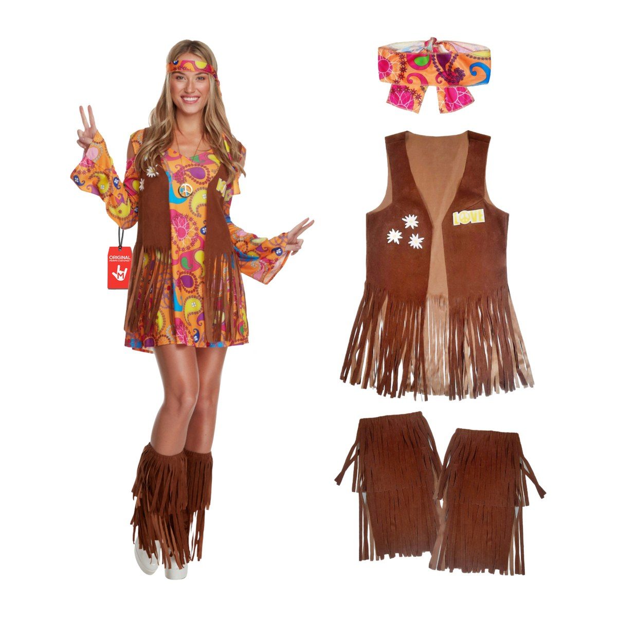 Woman in a short paisley dress with bell sleeves, a brown fringed vest with daisy patches and a love badge, and a printed headband, with the vest, headband, and fringed leg warmers shown beside her