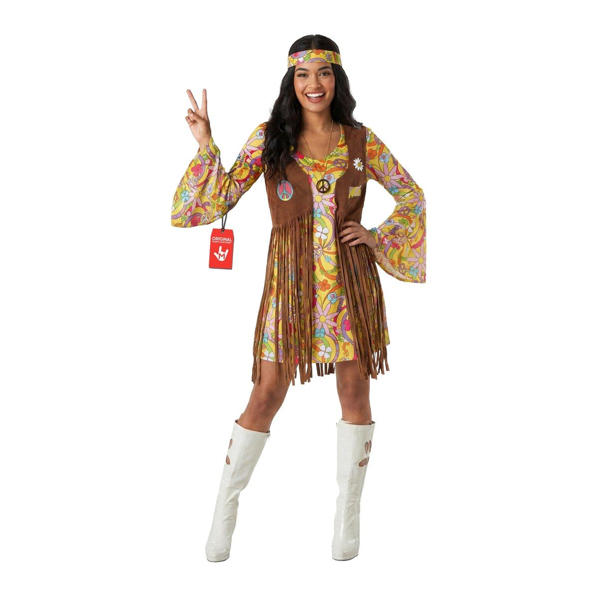 Woman in a short yellow floral and peace-sign print dress with flared sleeves, a brown fringed vest with a peace patch and a daisy, a print headband, a peace necklace, and white boots, making a peace sign